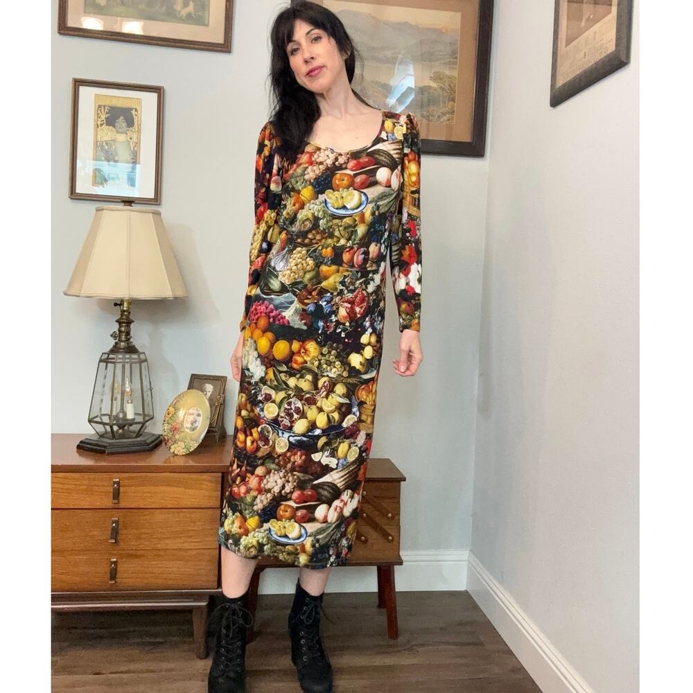 Samantha pleet Harvest print dress Aphrodite style all over photorealistic fruit